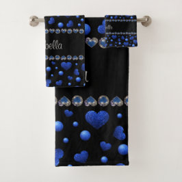 名前をカスタムする、青ハートグリッターパターン バスタオルセット