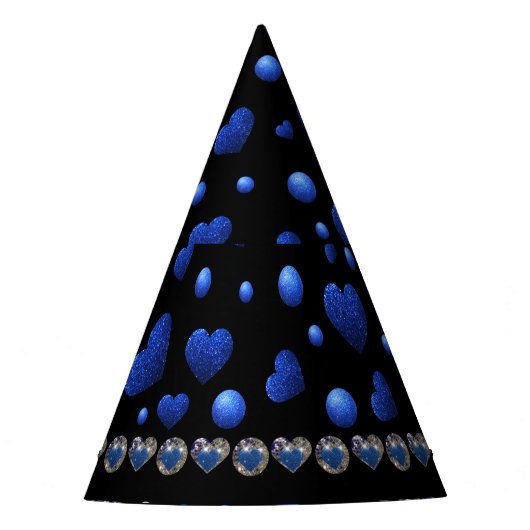 名前をカスタムする、青ハートグリッターパターン パーティーハット (正面)