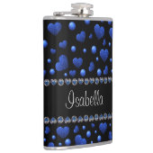 名前をカスタムする、青ハートグリッターパターン フラスク (右)
