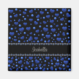 名前をカスタムする、青ハートグリッターパターン マグネット