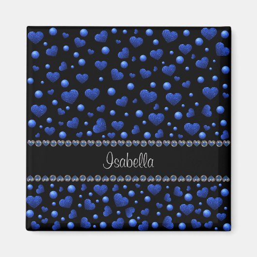 名前をカスタムする、青ハートグリッターパターン マグネット (正面)