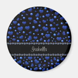 名前をカスタムする、青ハートグリッターパターン マグネット