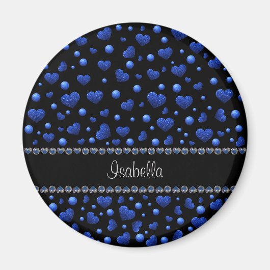 名前をカスタムする、青ハートグリッターパターン マグネット (正面)