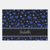 名前をカスタムする、青ハートグリッターパターン ラッピングペーパーシート (正面)