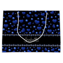 名前をカスタムする、青ハートグリッターパターン ラージペーパーバッグ