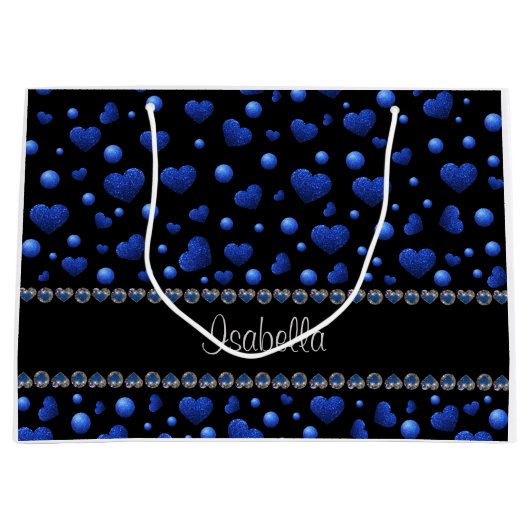 名前をカスタムする、青ハートグリッターパターン ラージペーパーバッグ (正面)