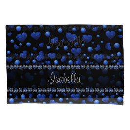 名前をカスタムする、青ハートグリッターパターン 枕カバー