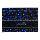 名前をカスタムする、青ハートグリッターパターン 枕カバー (正面右)