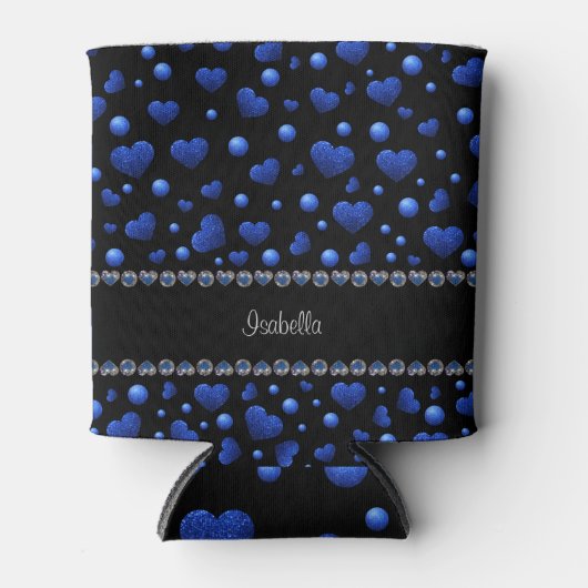 名前をカスタムする、青ハートグリッターパターン 缶クーラー (正面)