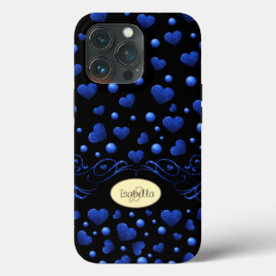 名前をカスタムする、青ハートグリッターパターン iPhone 13 PROケース