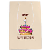 名前をカスタムする、1歳の誕生日、甘いピンクケーキ ミディアムペーパーバッグ (正面)