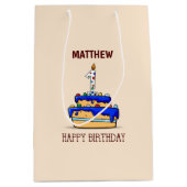 名前をカスタムする、1歳の誕生日、甘いブルーケーキ ミディアムペーパーバッグ (正面)