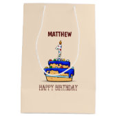 名前をカスタムする、1歳の誕生日、甘いブルーケーキ ミディアムペーパーバッグ (裏面)