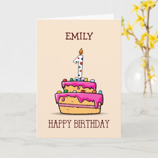 名前をカスタムする、1歳の誕生日、1歳の誕生日に甘いピンクケーキ カード (黄色い花)