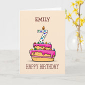 名前をカスタムする、7誕生日、7オンスイートピンクケーキ カード (黄色い花)