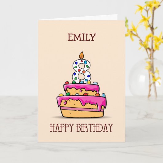 名前をカスタムする, 8番目の誕生日, 8オンスイートピンクケーキ カード (黄色い花)