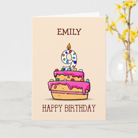 名前をカスタムする、9位誕生日、9オンスイートピンクケーキ カード (黄色い花)