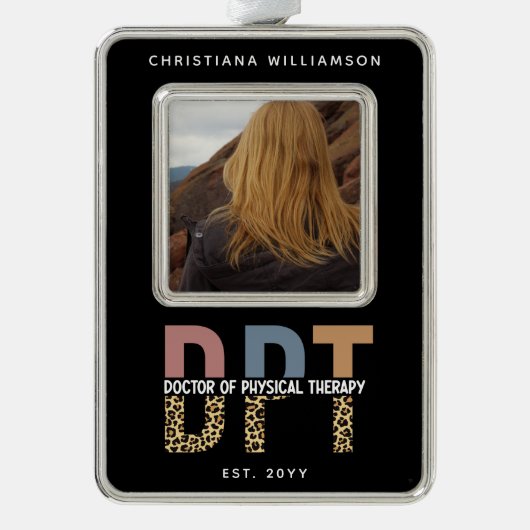名前をカスタムするDPTドクターオブフィジカルセラピー写真 シルバープレートフレームオーナメント (正面)