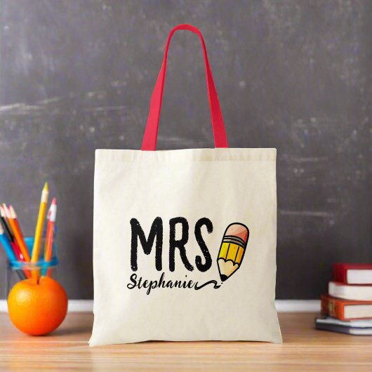 名前をカスタムするlキュートペンシルタイポグラフィ先生 トートバッグ