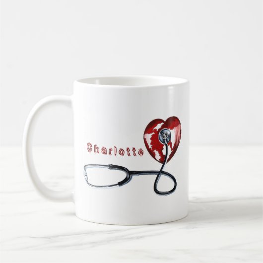 名前をカスタムするL赤いハート聴診器ナース医療 コーヒーマグカップ (左)