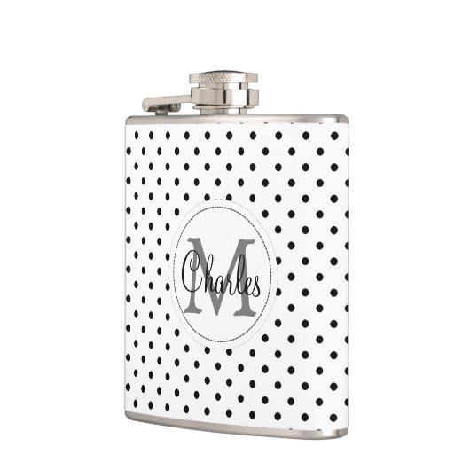 名前をカスタムするMonogram.Whiteおよび黒い水玉模様 フラスク (左)