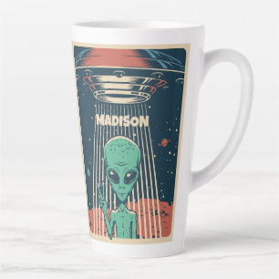 名前をカスタムするUFOエイリアン カフェラテマグ