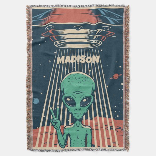 名前をカスタムするUFOエイリアン スローブランケット (正面縦)
