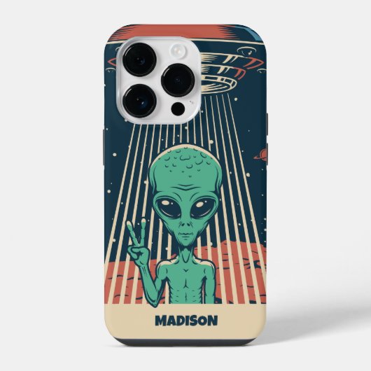 名前をカスタムするUFOエイリアン iPhoneケース (裏面)