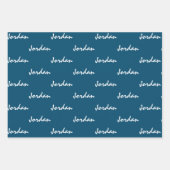 名前をティール（緑がかった色）の青い白の折り返し紙に追加 ラッピングペーパーシート (正面3)