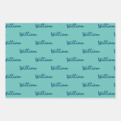 名前をティール（緑がかった色）の青い白の折り返し紙に追加 ラッピングペーパーシート (正面)