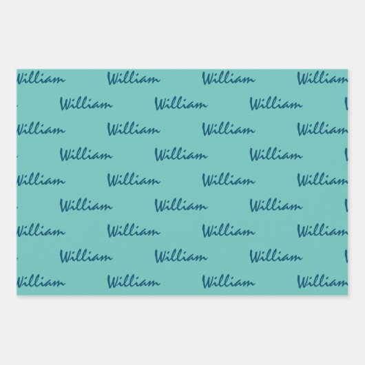 名前をティール（緑がかった色）の青い白の折り返し紙に追加 ラッピングペーパーシート (正面)
