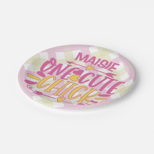 名前をパーソナライズされた追加1かわいいシックなピンク色の黄色 ペーパープレート (アングル)