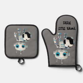 名前をパーソナライズするロボットサッカーチームプレーヤー 鍋つかみ&鍋敷きセット