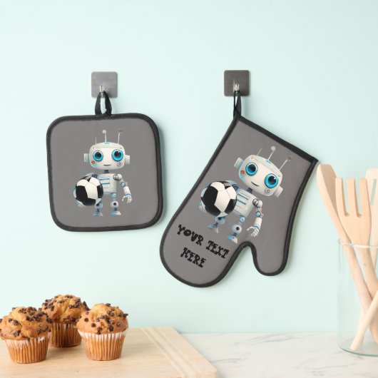 名前をパーソナライズするロボットサッカーチームプレーヤー 鍋つかみ&鍋敷きセット (インサイチュ (吊り下げ))