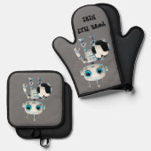 名前をパーソナライズするロボットサッカーチームプレーヤー 鍋つかみ&鍋敷きセット (正面/裏面)