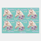 名前をパーソナライズUnicorn女の子の誕生日パーティー ラッピングペーパーシート (正面3)