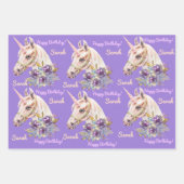 名前をパーソナライズUnicorn女の子の誕生日パーティー ラッピングペーパーシート (正面)