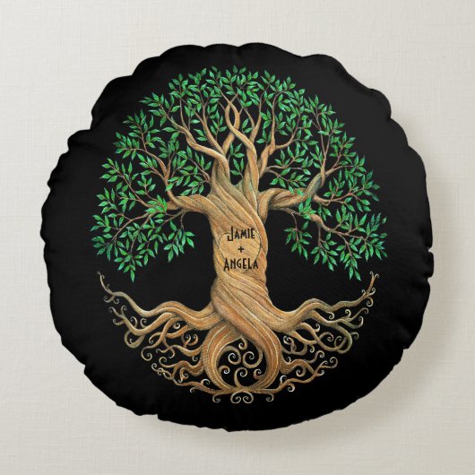 名前を付けたカスタム結婚式の木のハート ラウンドクッション (正面)