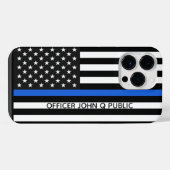 名前を付けた薄い青い線アメリカ国旗 iPhoneケース (裏面横)