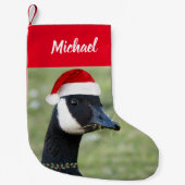 名前を付けた赤いサンタハットを着たカナダガチョウ スモールクリスマスストッキング (正面)