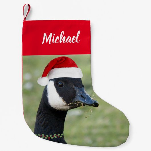 名前を付けた赤いサンタハットを着たカナダガチョウ スモールクリスマスストッキング (正面)