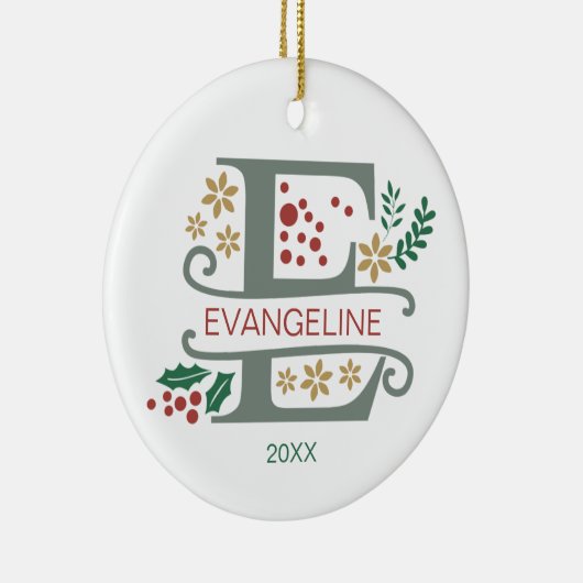 名前を付けたMonogram Red、Green、および金ゴールド文字「E」 セラミックオーナメント (右)