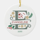 名前を付けたMonogram Red、Green、および金ゴールド文字「E」 セラミックオーナメント (正面)