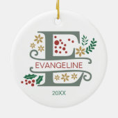 名前を付けたMonogram Red、Green、および金ゴールド文字「E」 セラミックオーナメント (裏面)