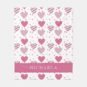 名前を付け加えてかわいいピンクのハート柄ベビーガール フリースブランケット (正面)