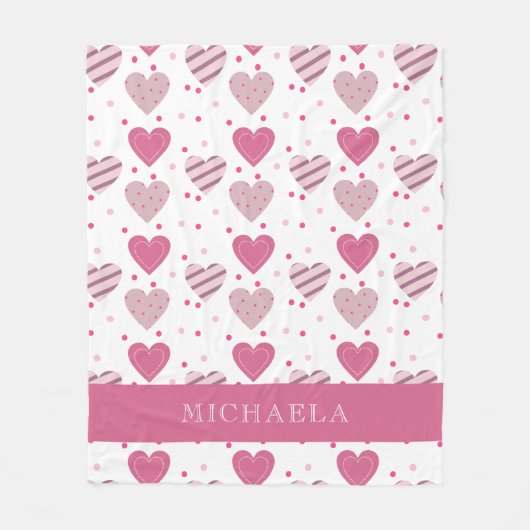 名前を付け加えてかわいいピンクのハート柄ベビーガール フリースブランケット (正面)