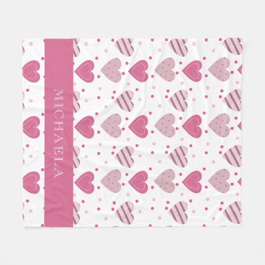 名前を付け加えてかわいいピンクのハート柄ベビーガール フリースブランケット (正面(横))