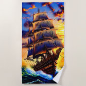 名前を付け、波の中で海賊船ブラウン ビーチタオル (正面)