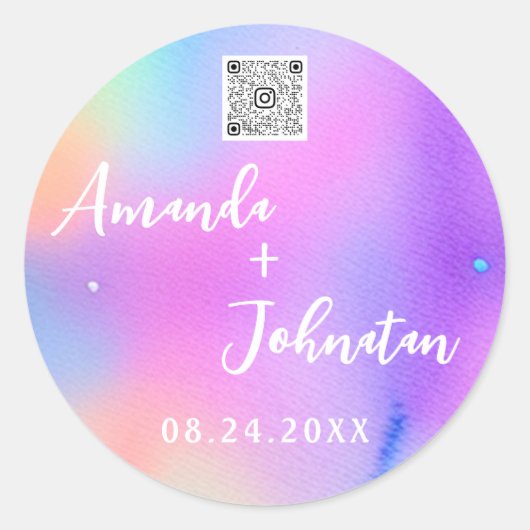 名前を保存する デート QR コード ロゴ ホログラフィック ラウンドシール (正面)