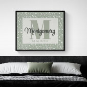 名前を入れたサググリーンと白の花柄プリント ポスター